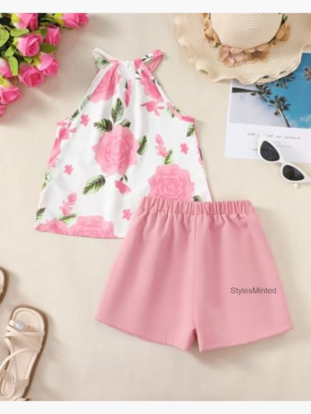 Kids Floral Crop Top & Shorts Set 2 Piece Summer Outfit Size 8-12 - Picture 3 of 7